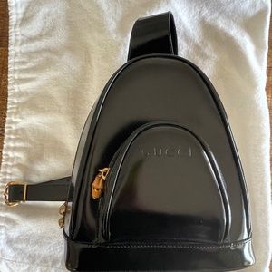 Gucci Black Patent Leather, Bamboo, Sling Backpack